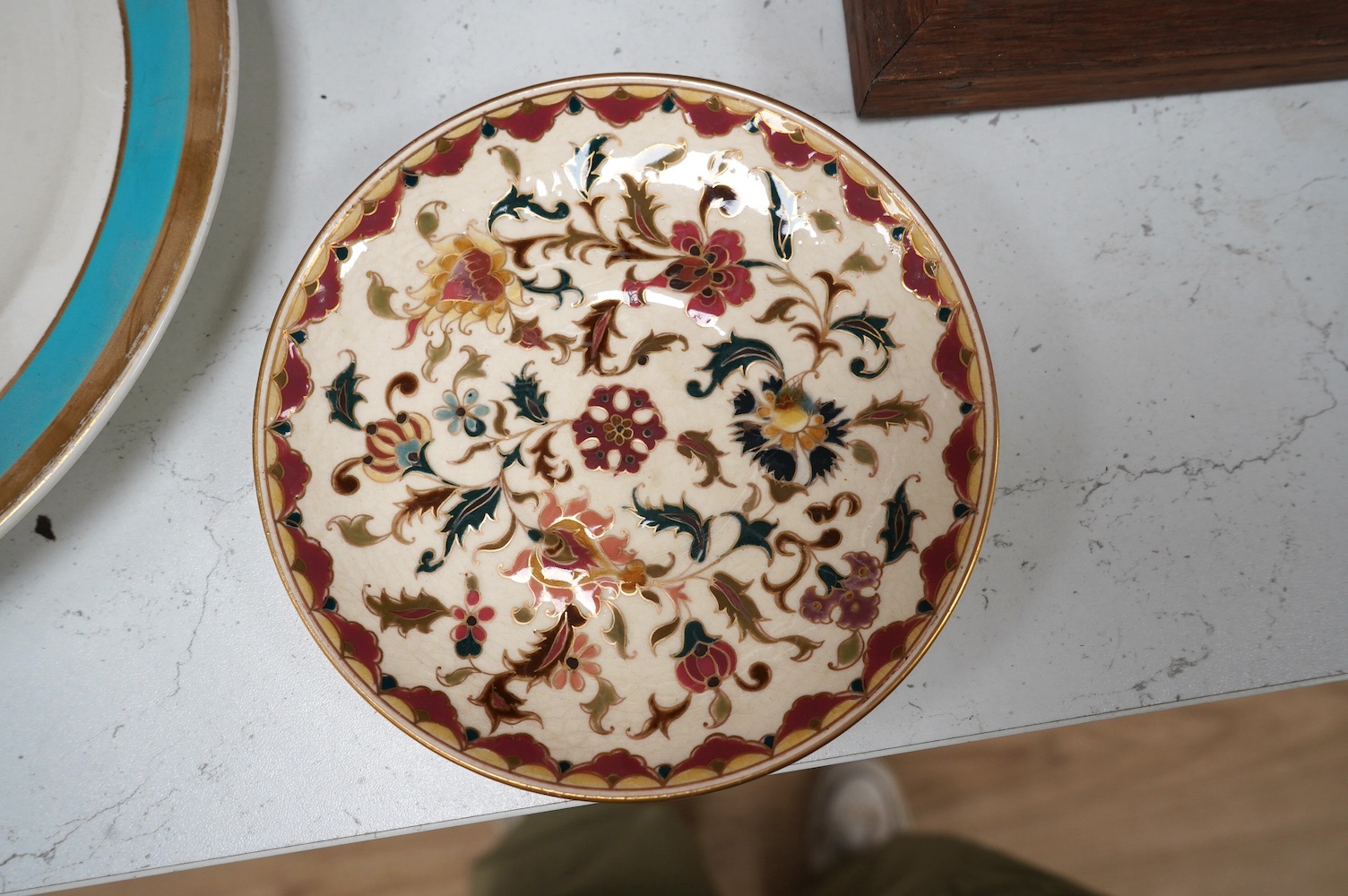 Four pieces of Zsolnay tableware in ‘Persian’ style, tallest 17cm. Condition - crazed but good